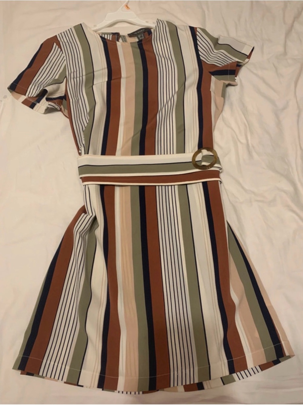 Primark Striped Mini Dress in White, Brown, Olive & Navy